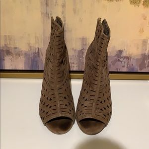 Brown heeled booties with open toe